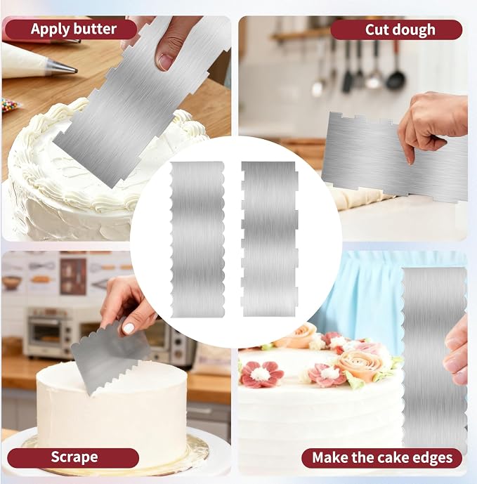 2 Pack 8.7 Inch Stainless Steel Cake Scraper, Double Sided Patterned Edge Stripe Edge Smoother Scraper Frosting Scraper Cake Decorating Comb for Mousse Butter Cream - Style 2