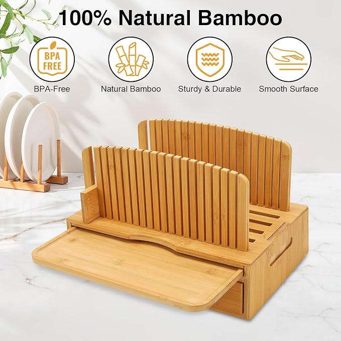Bamboo Bread Slicer for Homemade Bread, Wilupry Bread Cutter Guide with Crumb Tray Adjustable Foldable for Sourdough Rounds Loaf Sandwich