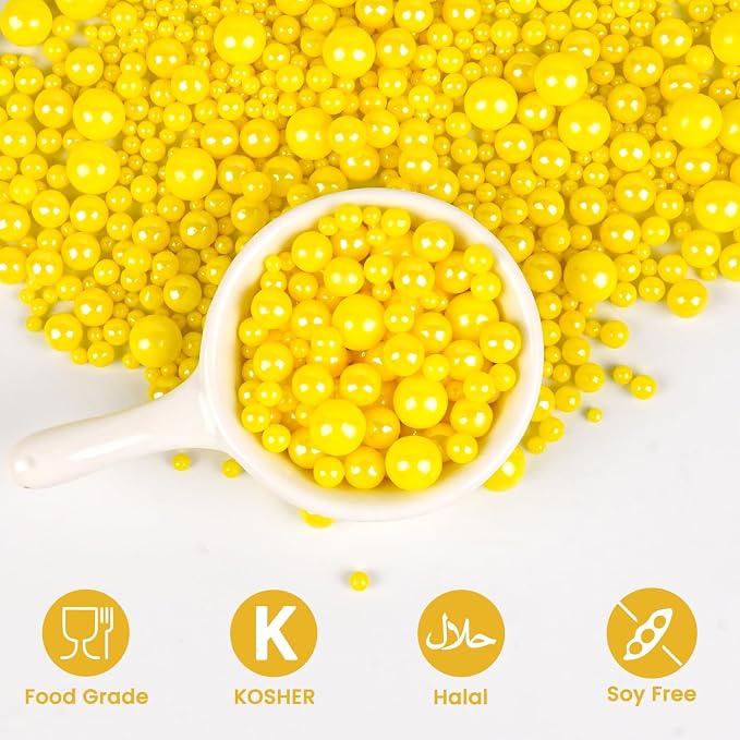 Yellow Pearl Sprinkles, Edible Sugar Pearls for Cake Decorating, 180g/6.35oz, Mix Size, Cake Decorations, Cupcake Toppers, Ice Cream Toppings, Easter Holiday Party Supplies
