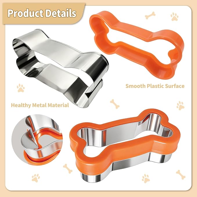 KickFry Dog Cookie Cutter Set,Stainless Steel Dog Treat Biscuit Cutters with Plastic Protective Covers, Assorted Sizes Bone Paw Print Puppy Shapes,Molds for Homemade Treats,Fruit & Snack (10 PC)