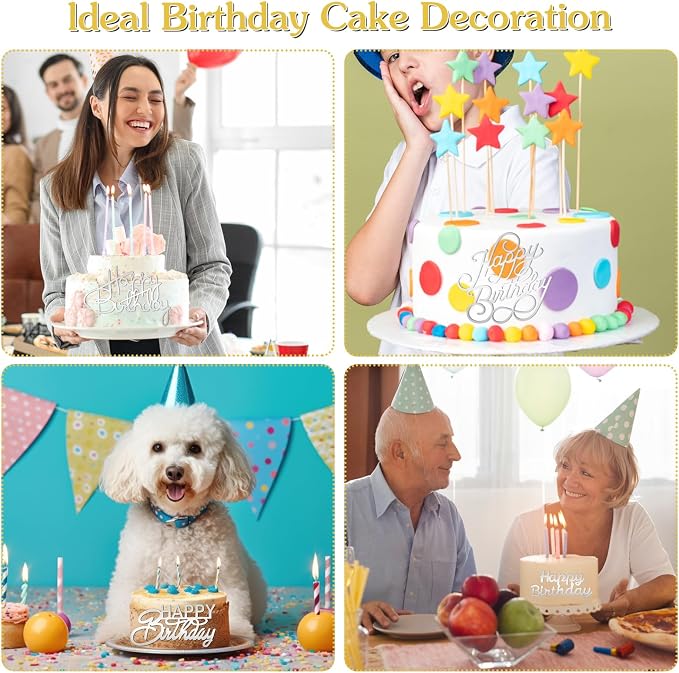 6 PCS Happy Birthday Side Cake Toppers Black Mirror Side Cake Toppers DIY Acrylic Glitter Cake Inserts Celebration Birthday Party Event Cupcake Decorations(Silver)（Need to remove the protective film）