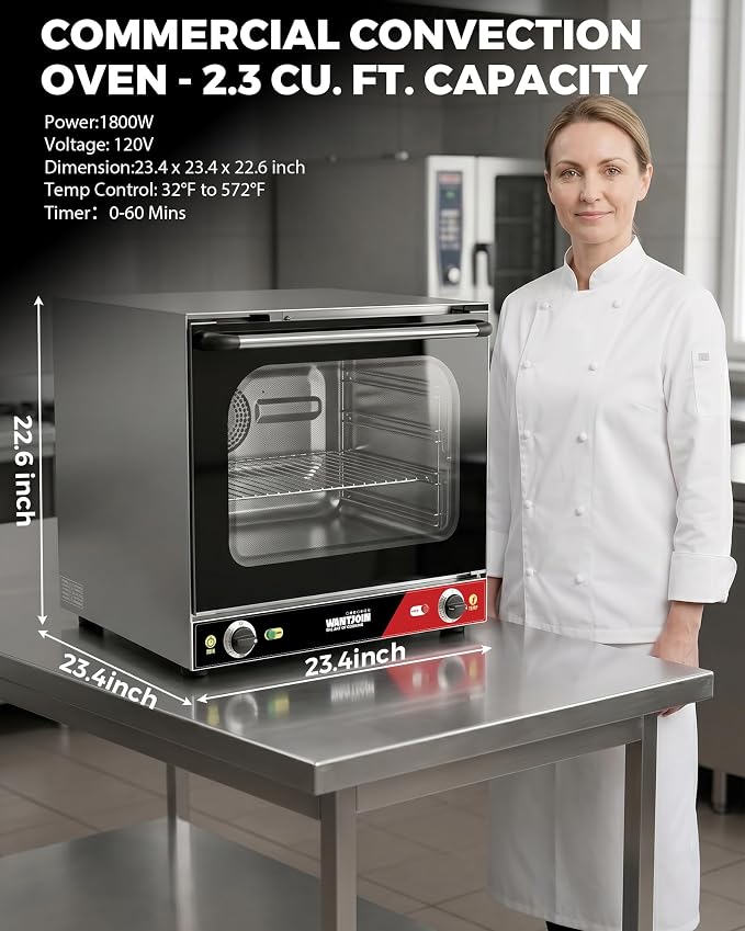 WantJoin Countertop Commercial Convection Oven - 2.3 Cu. Ft./66L Half-Size Oven with Dual Fan, 1800W, CSA Certified, Enamel Interior, Stainless Steel, Temperature Control & Timer, for Restaurants Cafe