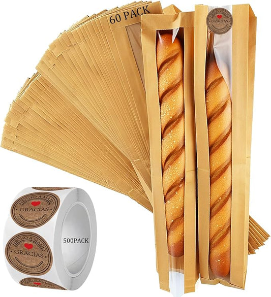 Bread Bags for Homemade Bread with 500 Labels, 60-Pack 4.5 x 1.6 x 23.6 Inch Paper Bags for Bread with Clear Window, Bakery Gift Packaging for Baguette, Sourdough Storage