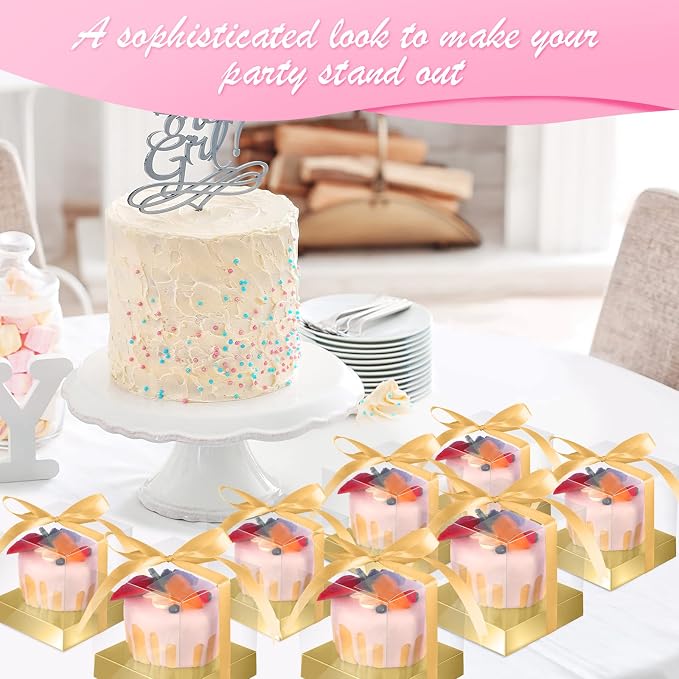 Thenshop 50 Pcs Clear Cupcake Boxes Individual 3.5 Inch Plastic Single Cupcake Containers Boxes with Inserts and Ribbon Individual Cake Storage Holders for Cake Kitchen(Gold)