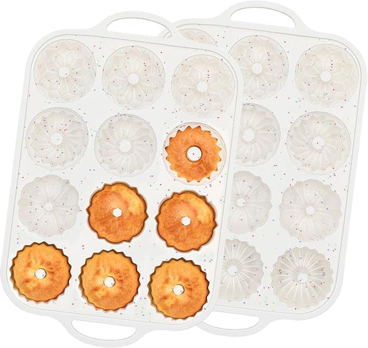 2 Pc Silicone Mini Fluted Tube Cake Pans with Metal Frame, 6-Cavity Non-Stick Moldes De Silicona Para Gelatina, Mini Flan Molds for Cupcake, Donuts, Muffin, Cornbread, Brownie, Jellies (Cream)