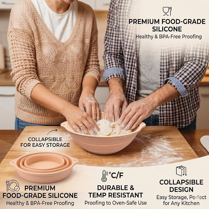 2-Pack Silicone Bread Proofing Basket,10" & 9" Collapsible Banneton for Sourdough, Non-Stick Dishwasher Safe Alternative to Rattan, Professional Baking Supplies(Round Pink+Oval Pink)