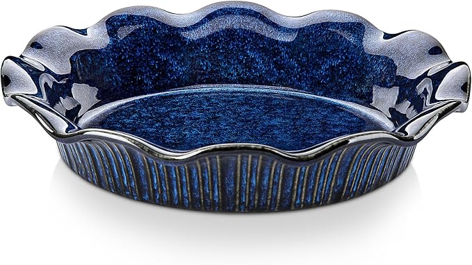 vancasso Ceramic Pie Pan for Baking, 9 inch Deep Pie Plates for Apple Pie, Pot Pie, Tart and Quiche, Reactive Glaze Fluted Pie Pans, Large Pie Dish with Ruffled Edge, Blue, STERN Series