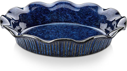 vancasso Ceramic Pie Pan for Baking, 9 inch Deep Pie Plates for Apple Pie, Pot Pie, Tart and Quiche, Reactive Glaze Fluted Pie Pans, Large Pie Dish with Ruffled Edge, Blue, STERN Series