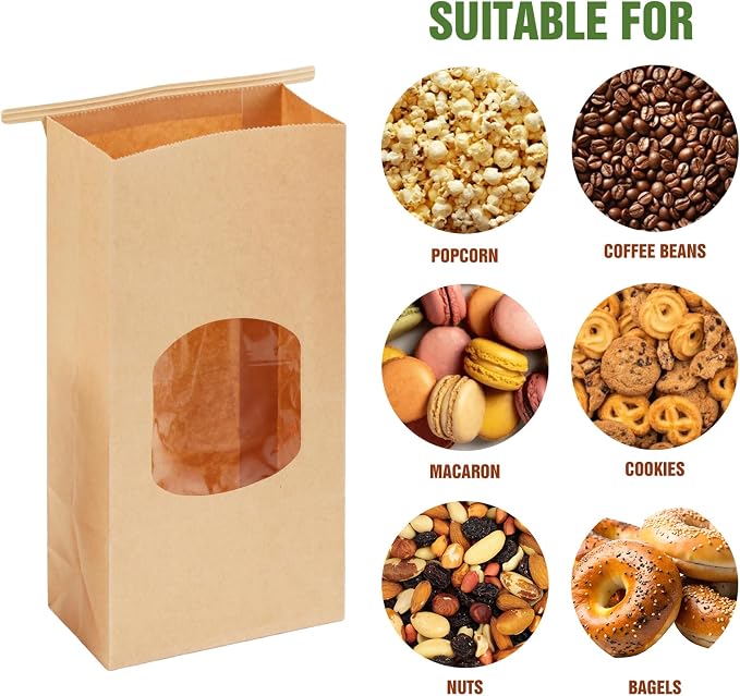 Moretoes 100pcs Medium Bakery Cookie Bags with Window, 4.5x2.36x9.6in, Seal by Tin Tie Tab, Kraft Paper Bags for Cookie Coffee Bread Bakery Pastry Packing