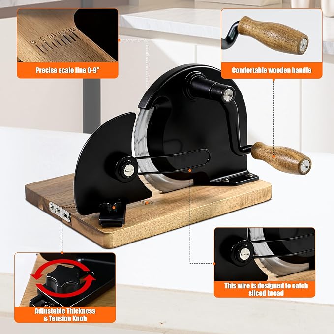 Upgraded Foldable Manual Bread Slicer,Manual Bread Slicer with Hand Crank,Adjustable Thickness,Equipped with Stainless Steel Blades,Non-Slip Base,Graduation Lines