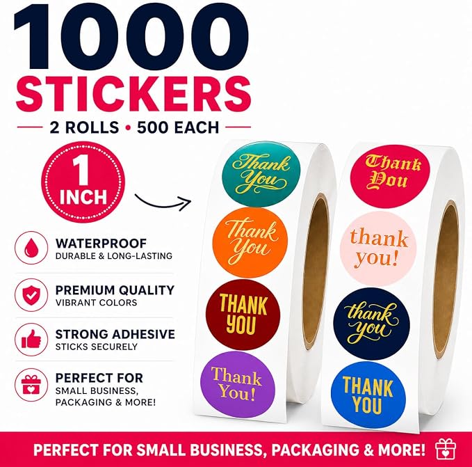1000 Thank You Stickers, 1 Inch Round Thank You Sticker Roll, Bulk Thank You Stickers for Small Business Packaging, Boxes, Bags, Envelopes, Baked Goods & Party Favors, 2 Rolls of 500