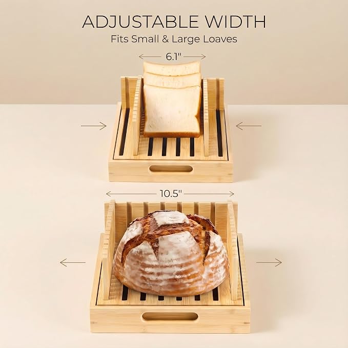 10.5" Extra Sourdough Bread Slicer Guide - Premium Bamboo Bread Cutter with Crumb Tray & Serving Board - Artisan Bread Slicing Guide for Homemade Boules, Sourdough Tools & Gifts