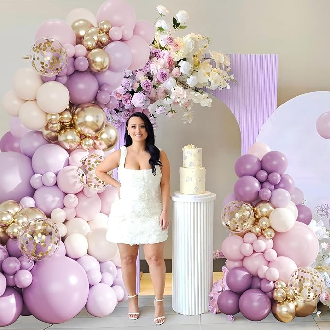Purple Balloon Arch Kit, 143Pcs Dusty Macaron Pink Purple Lavender Balloons Garland Arch Kit Sand White Gold Confetti Balloons for Birthday Bridal Shower Engagement Wedding Baby Shower Decorations
