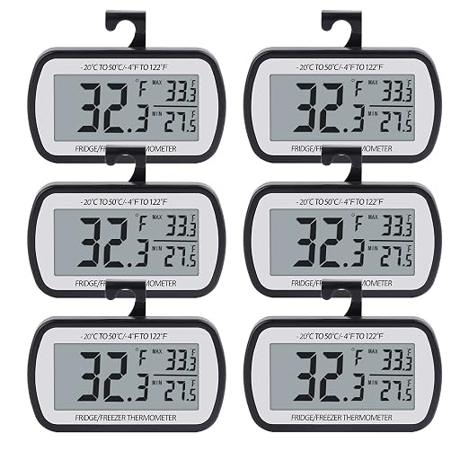 AEVETE Refrigerator Thermometer Digital Fridge Freezer Thermometer with Magnetic Back Large LCD, No Frills Easy to Read (Black-6 Pack)