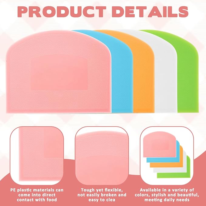 5 Pcs Plastic Bench Scraper, Dough Cutter Bench Scraper for Sourdough, Flexible Food-safe Bowl Scrapers Kitchen Tool for Baking Cake Bread Fondant Icing (White, Green, Orange, Blue, Pink)