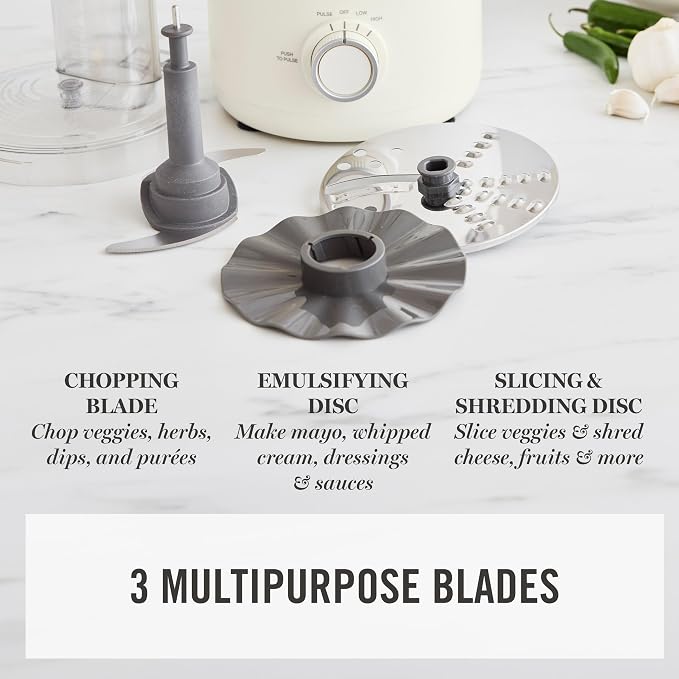 Martha Stewart Food Processor, 10-Cup Electric Chopper for Slicing, Shredding, Mincing and Puree, BPA-Free Twist & Lock Bowl, 3 Multipurpose Blades, Variable Speed Dial, Wide Feed Chute, Linen Cream