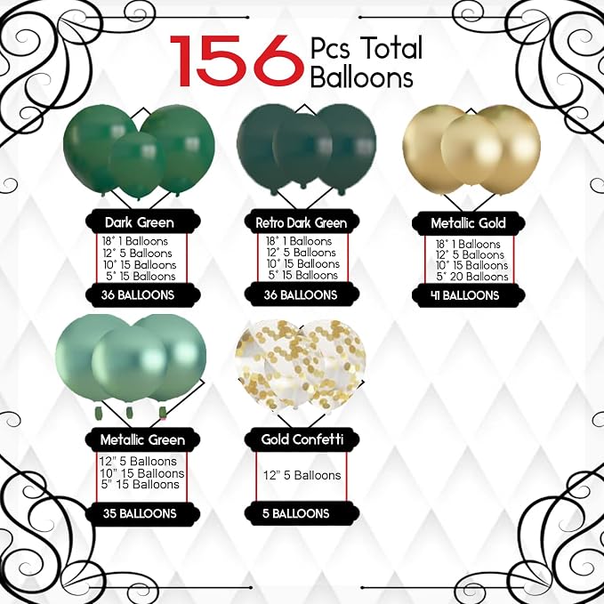 Archloon 156pcs Green and Gold Balloon Garland Arch Kit, Different Sizes 18 12 10 5 inch Green Latex Metallic Confetti Balloons for Graduation Birthday Anniversary Safari Party Decoration Supplies