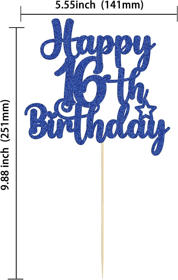 Gyufise 1Pc Happy 16th Birthday Cake Topper Blue Glitter 16 & Fabulous Sweet 16 Birthday Cake Pick for Celebrating 16th Birthday Anniversary Party Cake Decorations Supplies