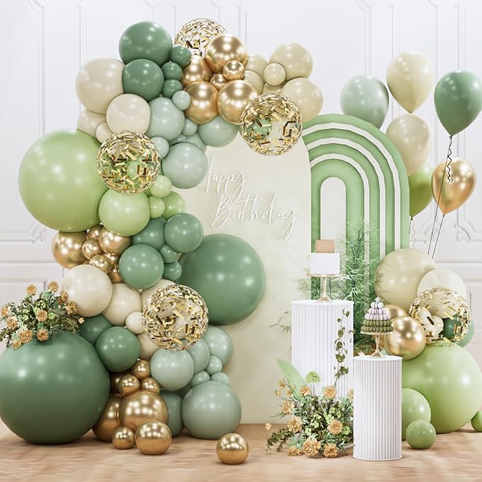PartyWoo Sage Green Balloon Arch Kit Garland 140pcs Different Sizes of 18 12 10 5 Inch Olive Dusty Boho Green White Gold Confetti Balloons for Baby Shower Graduation Birthday Party Decorations