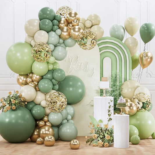 PartyWoo Sage Green Balloon Arch Kit Garland 140pcs Different Sizes of 18 12 10 5 Inch Olive Dusty Boho Green White Gold Confetti Balloons for Baby Shower Graduation Birthday Party Decorations
