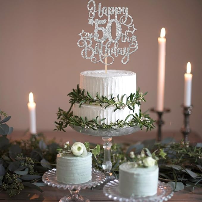 1 PCS Happy 50th Birthday Cake Topper Glitter Cheers to 50 Years Birthday Cake Pick Hello 50 Fabulous Cake Decoration for Happy 50th Birthday Anniversary Party Decorations Supplies Silver