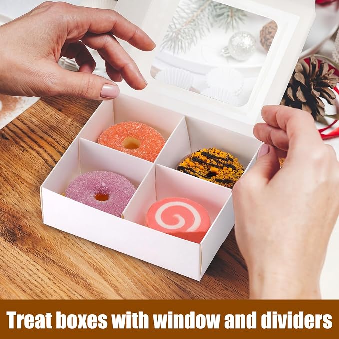 50 Pcs Kraft Treat Boxes with Window and Dividers, Empty Candy Truffle Baking Boxes, Square Cupcake Cookies Containers for Wedding Gift Giving (5.91 x 5.91 x 1.97 Inches,White)