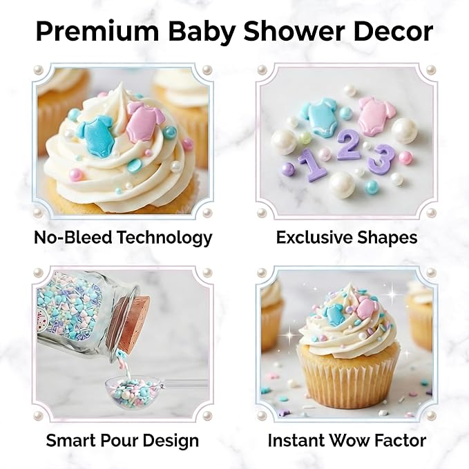 Peelit Baby Shower Sprinkles Mix, 4oz | Pastel Edible Pearls & Baby Onesie Shapes, Soft & Tasty Cupcake Toppings, Gender Reveal & Birthday Decor, Resealable Bag
