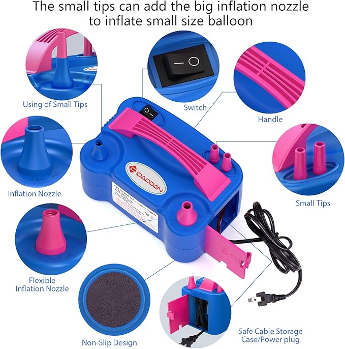 IDAODAN Electric Balloon Pump, Portable Electric Balloon Blower Machine Balloon Air Pump Dual Nozzle Rose Red 110V 600W Balloon Inflator for Party Decorations