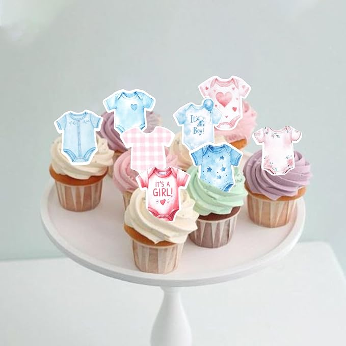 64 PCS Edible Bodysuit Cupcake Toppers Gender Reveal Cupcake Picks Edible It's a Boy Girl Gingham Theme Party Decorations for Gender Reveal Baby Shower Birthday Party Cake Decorations Supplies