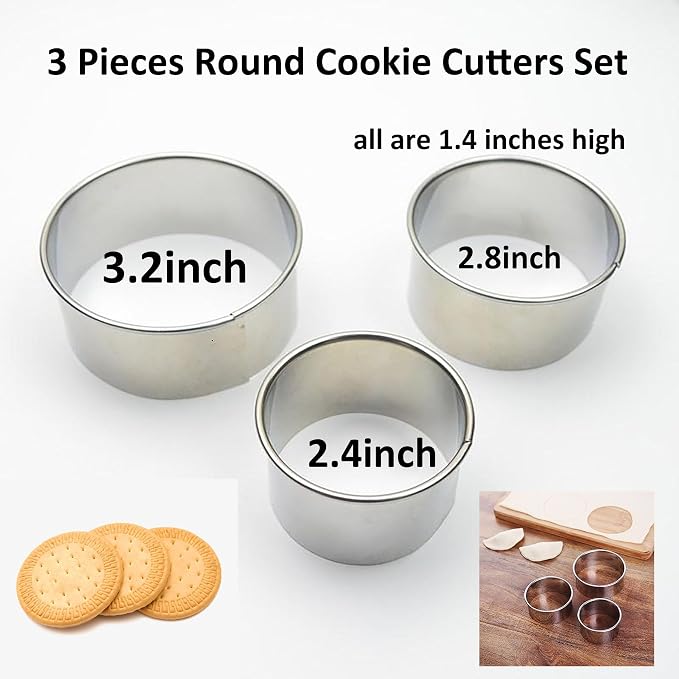 3 Pieces Round Cookie Cutters Set Circle Pastry Cutters Dumpling Cutters Stainless Steel Circle Biscuit Pastry Cutters for Baking 1.4 inches high. (3pcs-3.2inch, 2.8inch, 2.4inch)