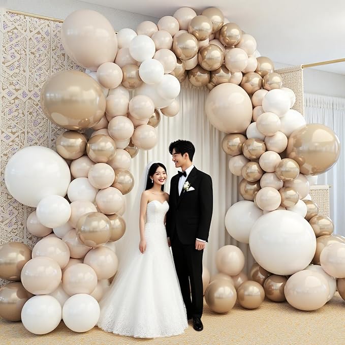 412Pcs White Sand Champagne Gold Balloon Arch Kit, Metallic Champagne Gold Neutral Balloons Garland for Boho Wedding Baby Shower Bridal Shower Engagement Anniversary Decorations