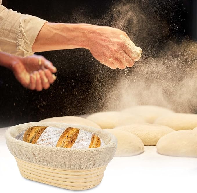 2 PCS 8 inch Oval Long Banneton Brotform Bread Dough Proofing Rising Rattan Basket & Liner for Professional & Home Bakers