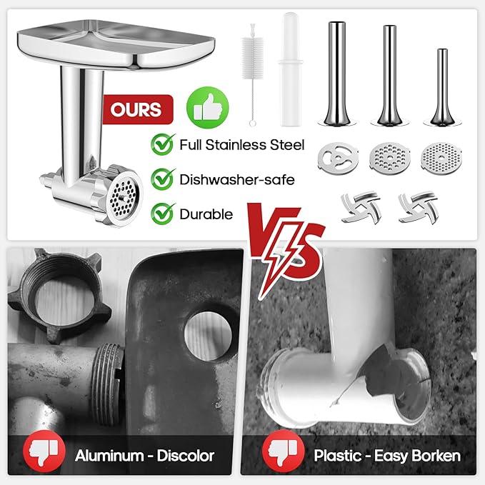GVODE Stainless Steel Meat Grinder Attachment for KitchenAid Stand Mixer, Food Grinder attachment with 4 Grinding Plates, 3 Sausage Stuffer Tubes, 2 Grinding Blades, Mixers Accessories for Kitchen Aid