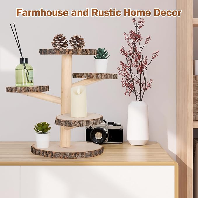 GENMOUS Wooden Farmhouse Style Cake Stand, 5-Tired Wedding Cake Stand Wood & Display Serving Tray Platter, for Appetizers Desserts Charcuterie Board