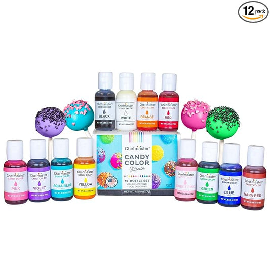 Chefmaster 12 Bottle Set of Candy Colors, True-Tone Shades, Oil-Based, Professional-Grade Dye, Chocolate, Strawberries, Cake Pops, Decorating, Easy-to-Use, Manufactured in the USA, 0.64 oz Each