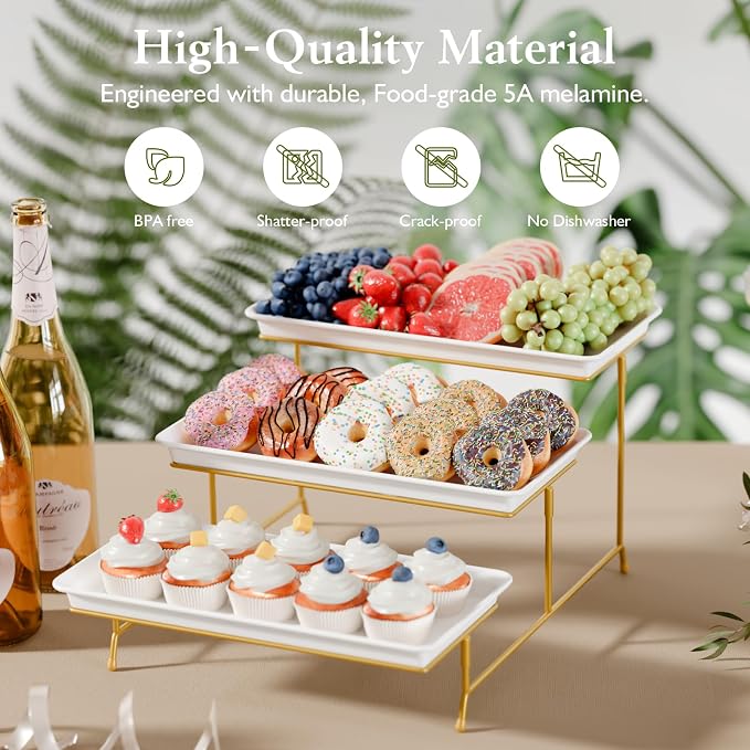 3-Tier Melamine Serving Tray Set, 14"x7" Platters for Serving Food, White Reusable Trays with Golden Metal Display Stand for Cupcakes, Sevring Food, Dessert, Fruit, Cookie, 24K Gold-Plated