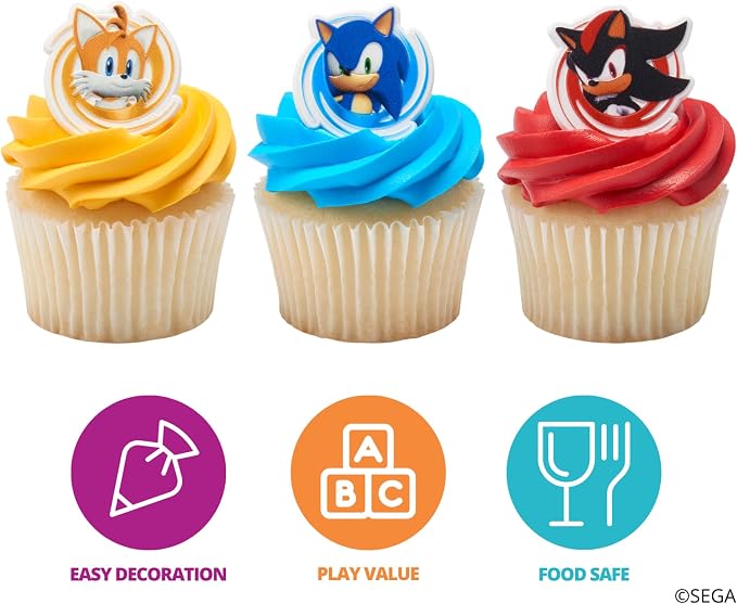 DecoPac Sonic the Hedgehog Rings, Cupcake Decorations Featuring Sonic, Tails, and Shadow - 24 Pack