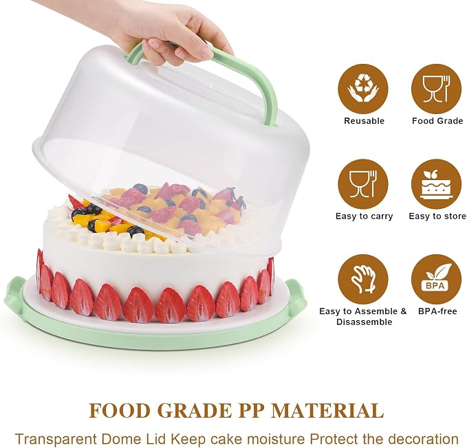 Cake Carrier with Lid and Handle - Cake Containers, BPA-Free，Perfect Gifts | Cake Holder for 10 in Cake with 2 Handles Cupcake Carrier - Plastic Cover Two Sided Base for Transport Pie Nuts Fruit