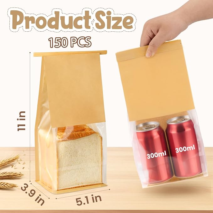 HONKID Bread and Cookie Bags with Seal, 150 Pack 11 x 5.1 x 3.9 Inches Bakery Bags with Window Reusable Tin Tie Tab Lock for Sealed Baked Goods Packaging for Pastry Bagels Breads Treats Cookies Brown