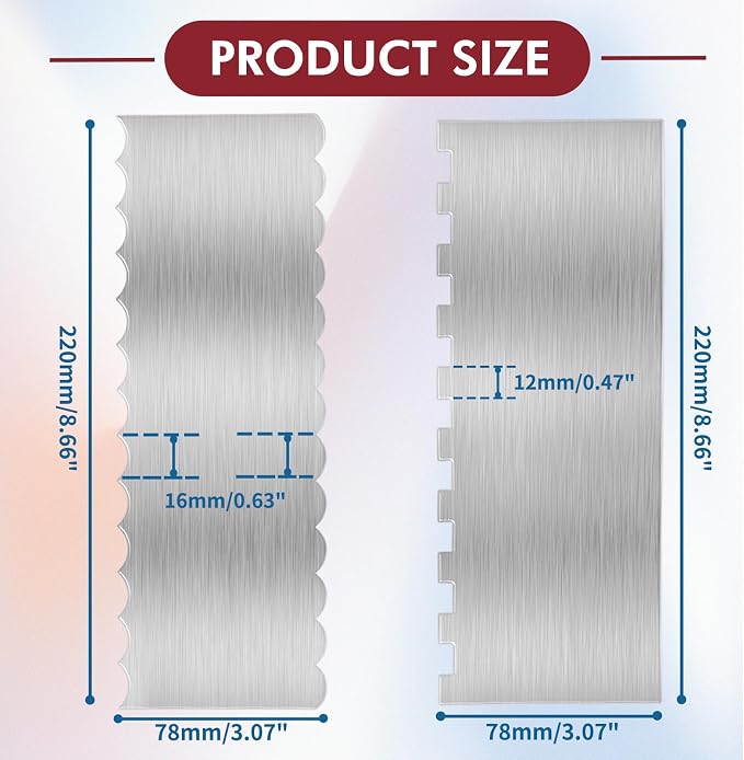 2 Pack 8.7 Inch Stainless Steel Cake Scraper, Double Sided Patterned Edge Stripe Edge Smoother Scraper Frosting Scraper Cake Decorating Comb for Mousse Butter Cream - Style 1
