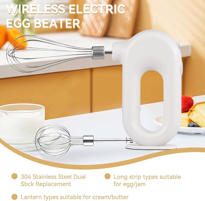4 Speed Electric Hand Mixer, Mini 4 Speed Adjustable Cordless USB Rechargeable Electric Whisk Hand Mixer Portable Handheld Mixer 1500mAh Egg Beater (White)
