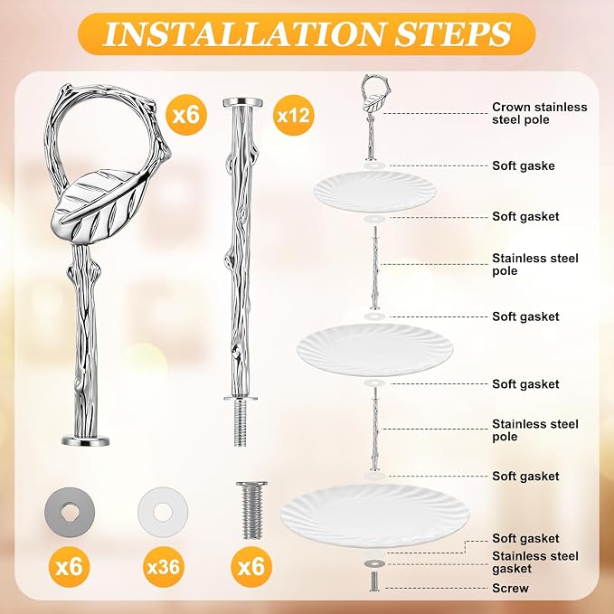 Patelai 3 Tier Cake Stand Hardware Tiered Tray Plate Hardware Kit Heavy Metal Cake Fruit Food Plate Stand Fitting Stacking Kit for Serving Dessert Cupcake Dish (Leaf,Gold,Silver,6 Sets)