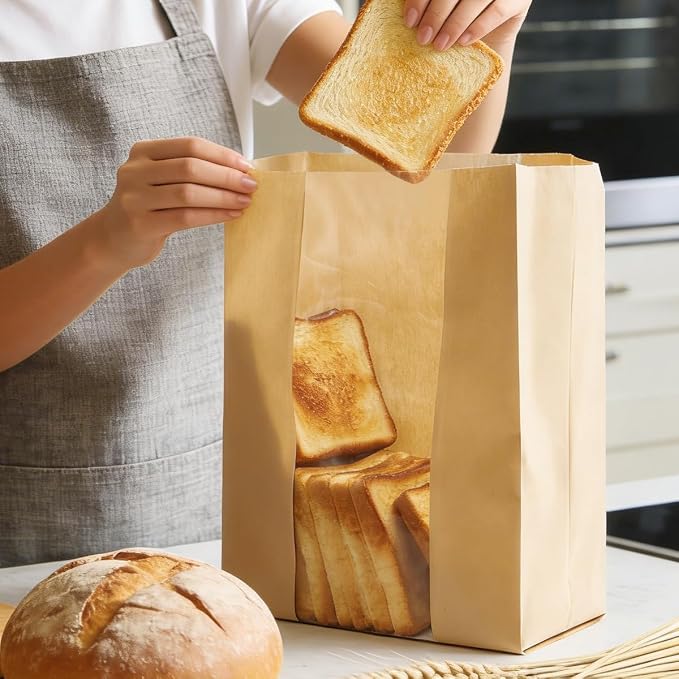 15.7x10.2x5.1in Extra Large Paper Bread Bags for Homemade Bread with Window&Sticker for Supersized Sourdough Bread, Oversized Bread Loaf, Baked Goods, Packaging for Gifting-Brown Kraft 50Pcs