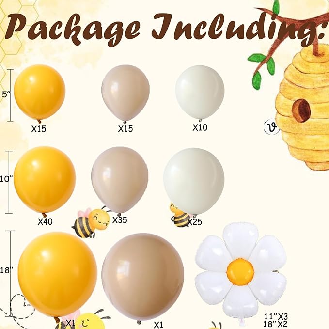 Bee Balloon Garland Arch Kit 141pcs Brown Mustard Yellow White Balloons with Flower Daisy Mylar Balloon for A Little Honey is on the Way Theme Party Decoration (Yellow White)