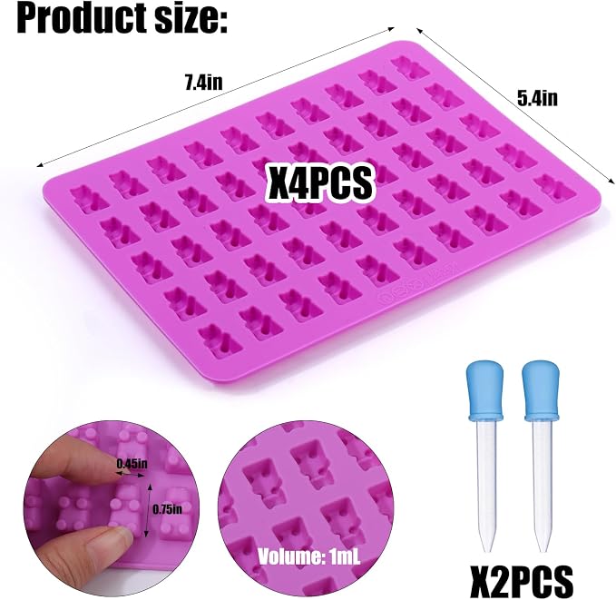 Palksky 4Pcs Gummy Bear Mold Silicone, Fruit Snack Molds, Gummies Trays Molds with Dropper for Candy Chocolate