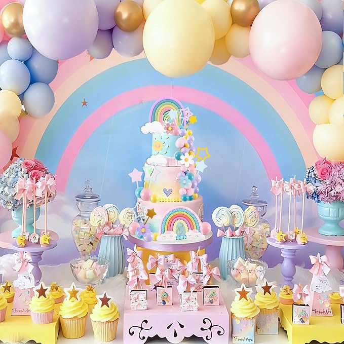 MEMOVAN Rainbow Cake Topper Groovy Cake Decorations with Macaroon Balls Cake Toppers Daisy Flower Cake Decorations Rainbow Theme Cake Cupcake Decors with Cloud Stars for Bohemian Hippie Wedding Party