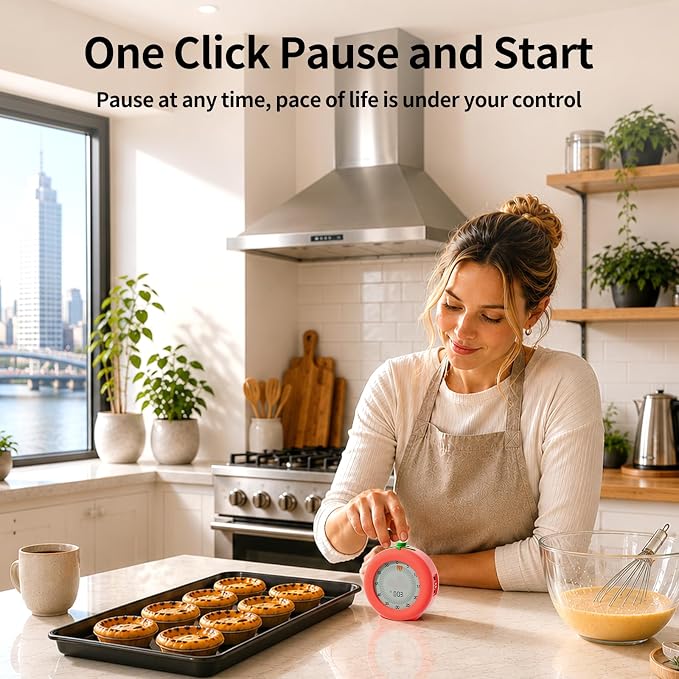 Tomato Visual Timer for Kids, 299 Minute Cute Pomodoro Countdown Timer, Kitchen Cooking Helper Timer with Pause Function, Clock and Alarm, Digital Timer for Classroom, Office and Meetings