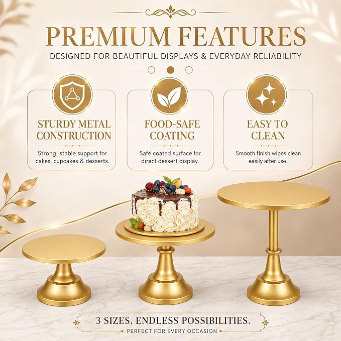 3 Pack Gold Cake Stand, 8 10 12 Inch Tiered Display | Metal build, Pedestal base, Dessert table, Wedding reception, Birthday party, Baby shower, Candy bar, Buffet setup