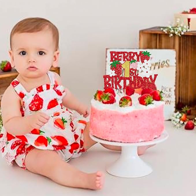 1 Pack Berry 1st Birthday Cake Topper Red Glitter Flower Strawberry Frist Birthday Cake Pick for Fruit Strawberry One Theme Baby Shower Kids Birthday Party Strawberry Party Cake Decorations Supplies
