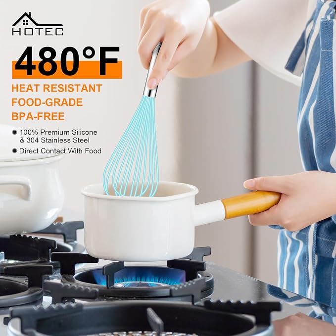 HOTEC 4 Pieces Silicone Whisks Set, Wire Balloon Whisks for cooking Egg Beater, Non-slip Handle Whisk for Non-stick Cookware Perfect for Cooking, Stirring, Beating and Blending,Blue